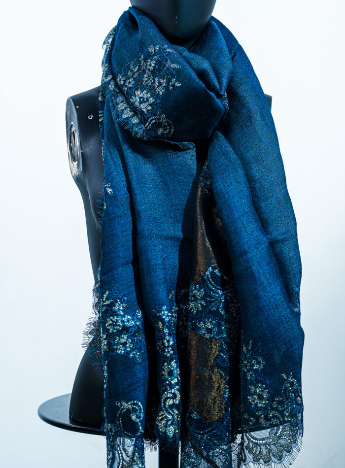 Navy blue cashmere blend stole with lace - Image 1